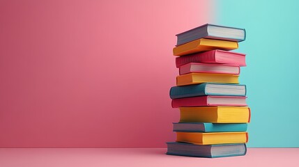 Colorful Stack of Books Against a Soft Pink and Blue Background Creating a Playful and Inviting Atmosphere for Learning and Imagination
