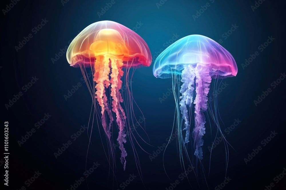 Poster two vibrant jellyfish with luminous bodies float in the deep ocean. their tentacles trail behind the
