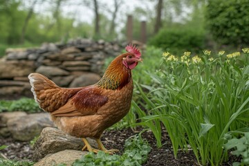 Fototapeta premium A free range chicken is exploring a vibrant garden filled with green grass and blooming flowers. This serene farm setting showcases the natural interaction of wildlife with cultivated plants
