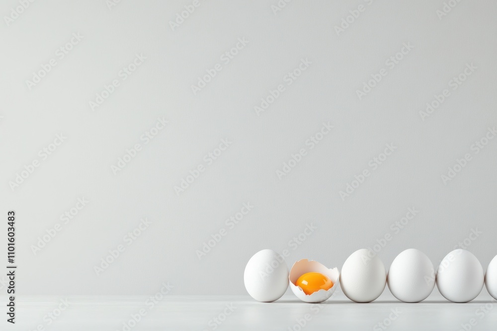 Poster five white eggs are neatly arranged on a surface, while a single egg is broken open, showcasing a vi