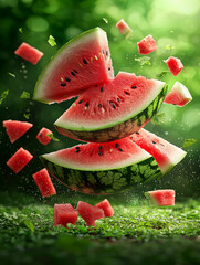 Fresh watermelon slices floating in vibrant green background