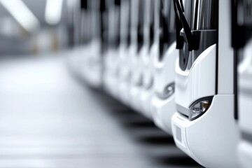 A collection of sleek white buses is arranged neatly in a spacious garage. The interior highlights the modern design and practical aspects of the vehicles, creating a visually appealing display