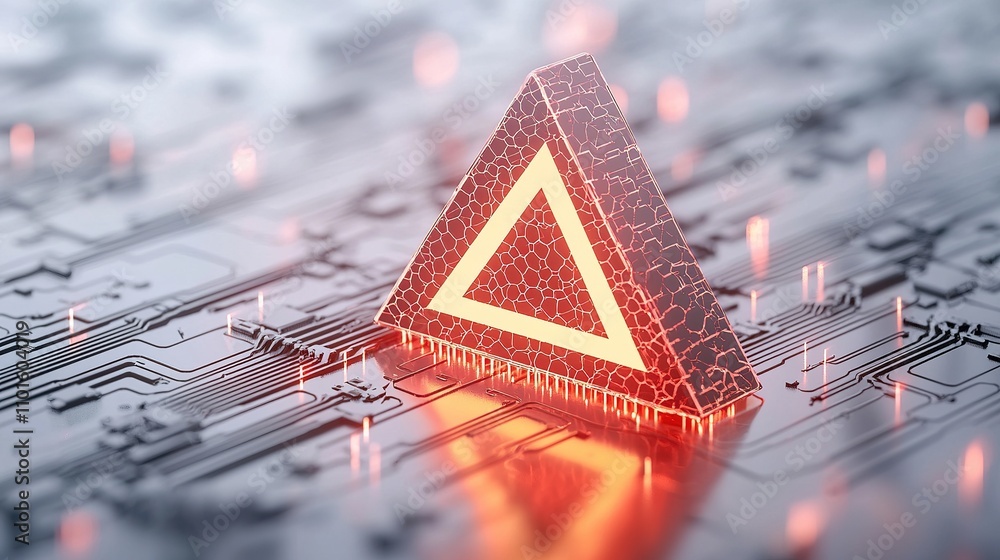 Poster a glowing, triangular warning symbol sits on a circuit board background, representing technology and