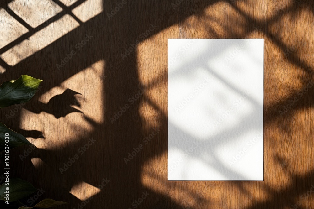 Poster a blank piece of paper is placed on a dark brown table. sunlight filters through leaves, creating de