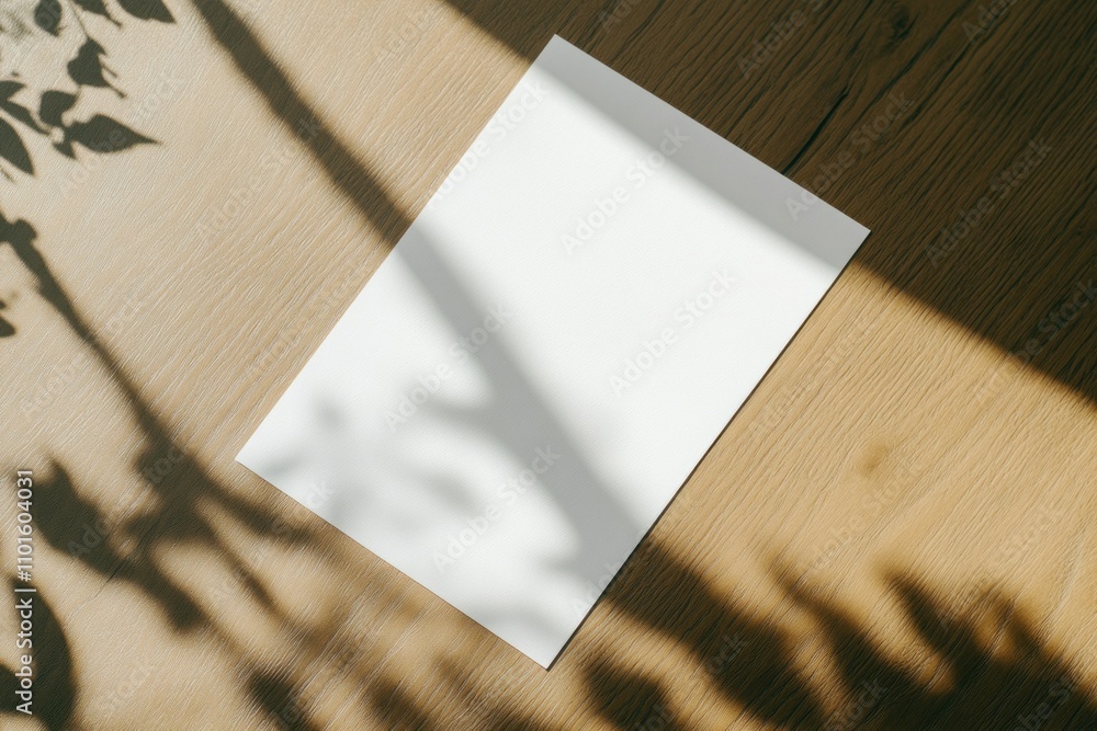 Poster a blank sheet of paper is placed on a dark brown tabletop, illuminated by soft morning light. gentle