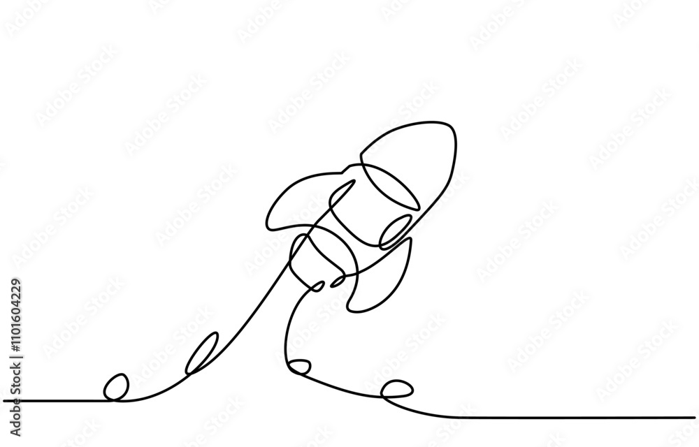 Poster webcontinuous single line drawing of rocket spaceship takeoff, rocket launch line art vector illustr