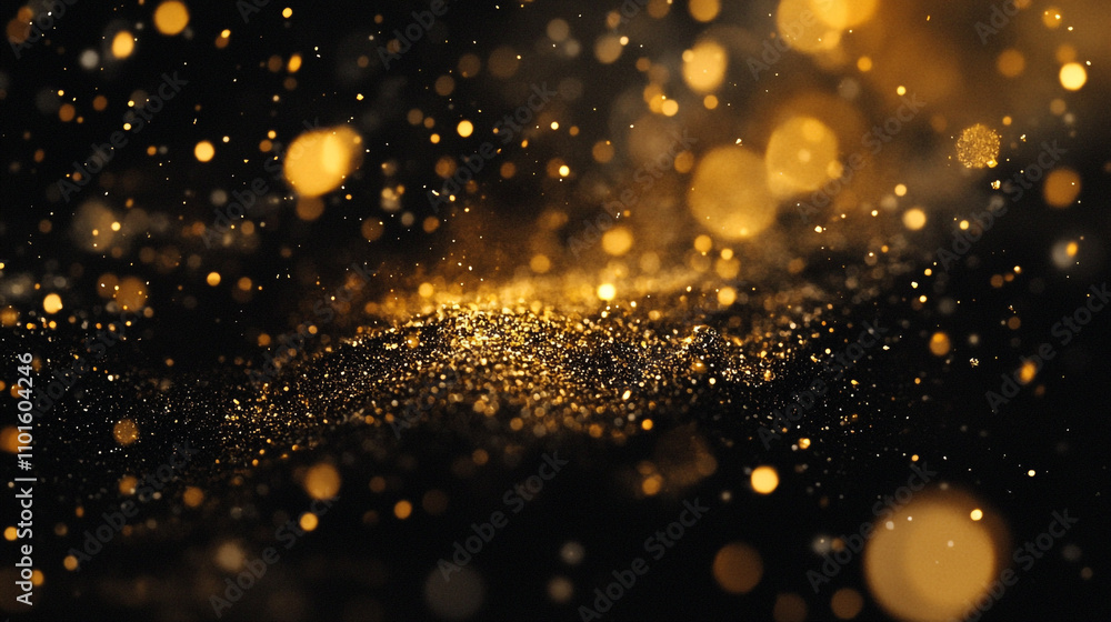 Poster shimmering golden particles create a magical and festive atmosphere in this dark setting