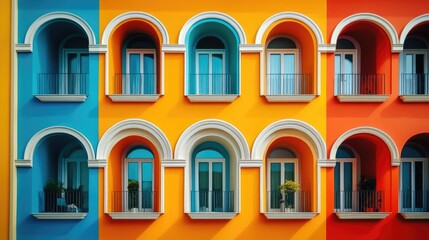 Colorful building facade with arched windows and balconies in shades of blue, orange, and yellow creating a vibrant architectural pattern.