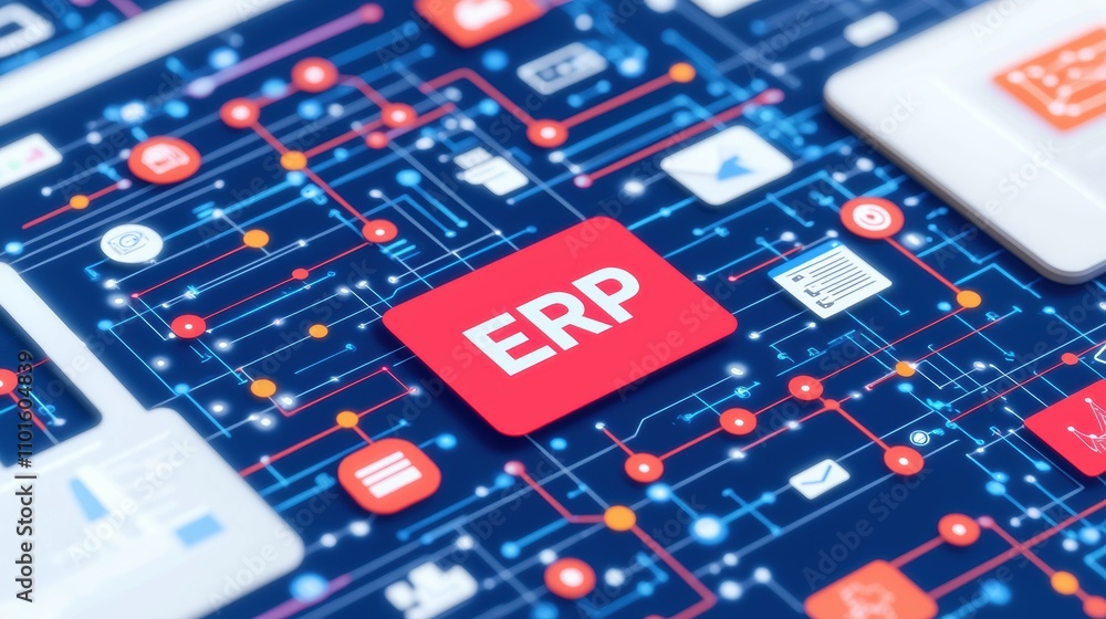 Poster implementing erp solutions for business growth technology hub infographic digital environment overvi