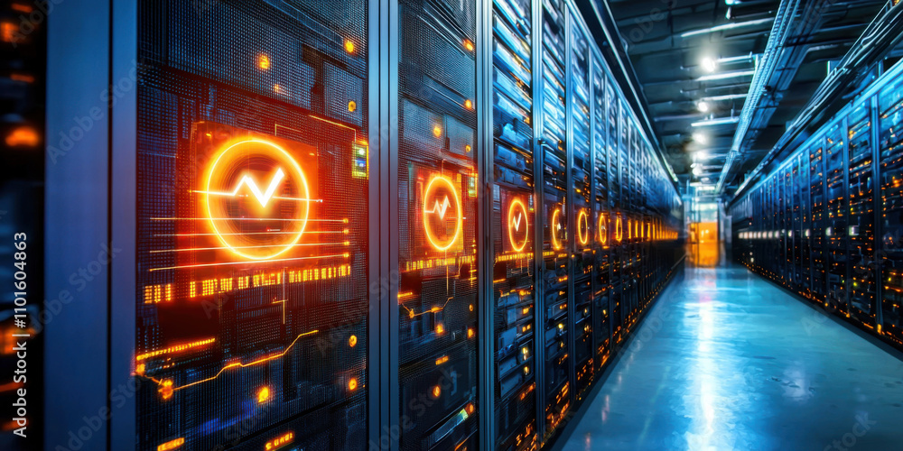 Poster high tech data center with glowing server racks and energy storage