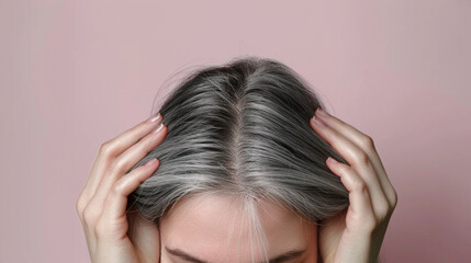 Naklejka premium Woman's head with strands of gray hair starting to appear. Stress about aging process and transition to gray hair. Acceptance of gray hair as a part of life's journey. Hair coloring in salon