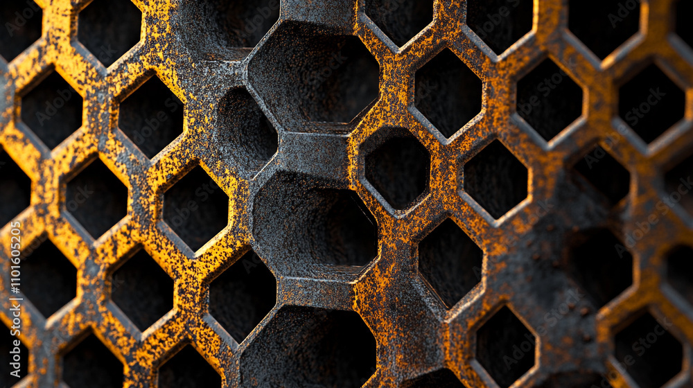 Poster intricate patterns of a textured metallic surface reveal geometric shapes and colors
