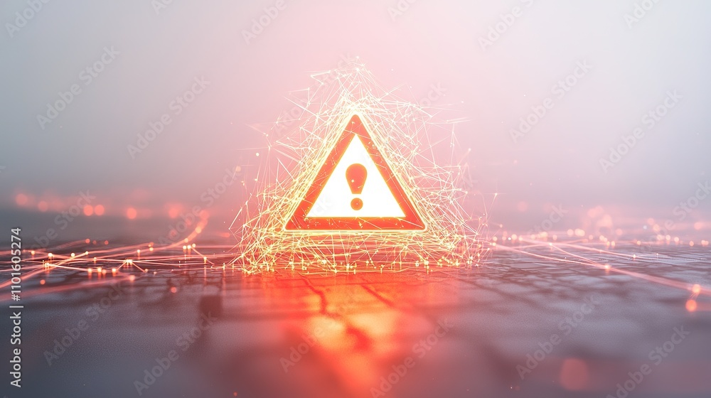 Poster a glowing warning triangle symbol surrounded by sparks, indicating a cautionary message in a high-te