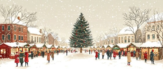 Festive christmas market small town square digital illustration snow-covered environment vibrant community scene holiday spirit and togetherness