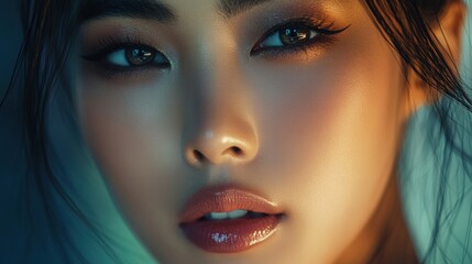 A stunning close-up of an Asian woman with dramatic smokey eyes and glossy lips, her face beautifully lit by the soft glow of evening light, capturing her confident expression