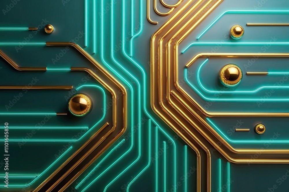Poster stunning 3d neon gold and teal lines with shimmering spheres and dynamic abstract background design