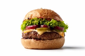 A tasty hamburger with cheese, lettuce, and tomato, isolated on a white background, showcasing its delicious ingredients.
