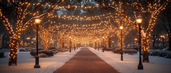 Magical winter wonderland christmas lights illuminating a serene park pathway at dusk capturing the essence of holiday cheer and community spirit