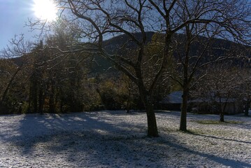 Sunrise after first snowfall, landscape.