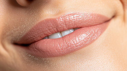 close up of person lips softly smiling, showcasing natural and healthy appearance. soft pink hue and subtle shine enhance beauty of smile
