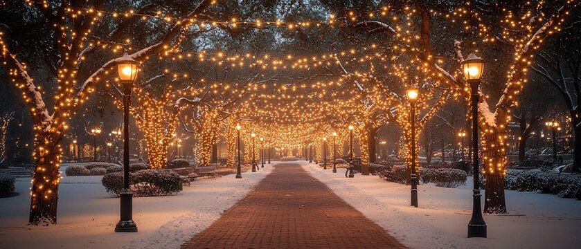 Magical winter wonderland christmas lights illuminating a serene park pathway at dusk capturing the essence of holiday cheer and community spirit
