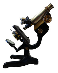 Side view of a vintage brass microscope