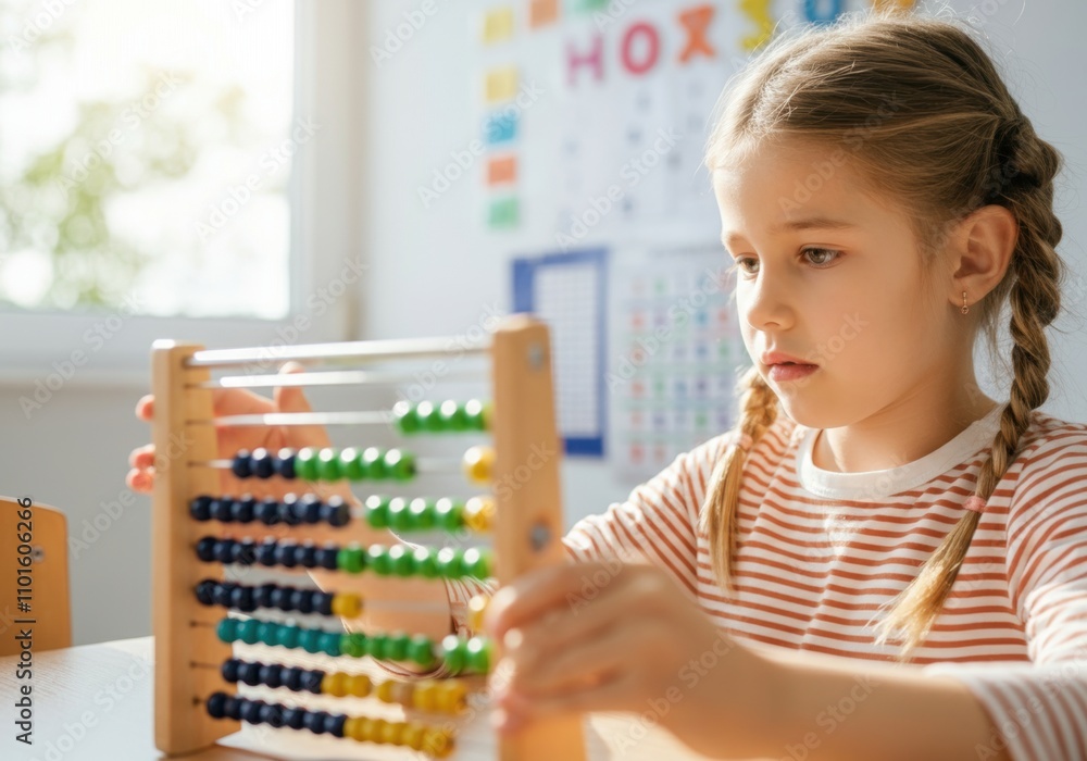 Poster elementary school student practicing counting and arithmetic using a colorful abacus during math cla