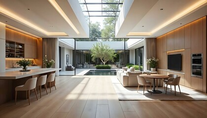 Modern Courtyard with Open Ceiling and Indoor Greenery