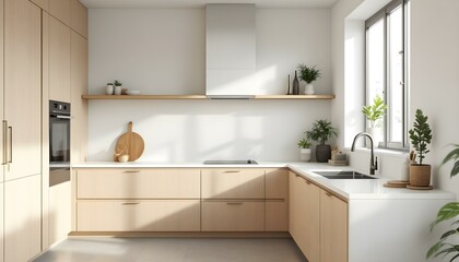 Fototapeta premium Modern Kitchen Design: A spacious, airy kitchen with a sleek, minimalist design featuring light wood cabinets, white countertops,