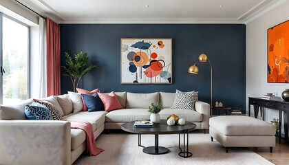 Cozy Living Room with Blue Accent Wall and Stylish Furniture