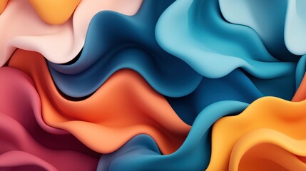 Fototapeta premium Abstract colorful flowing shapes in vibrant hues of blue, orange, yellow, and red creating a dynamic wave-like pattern.
