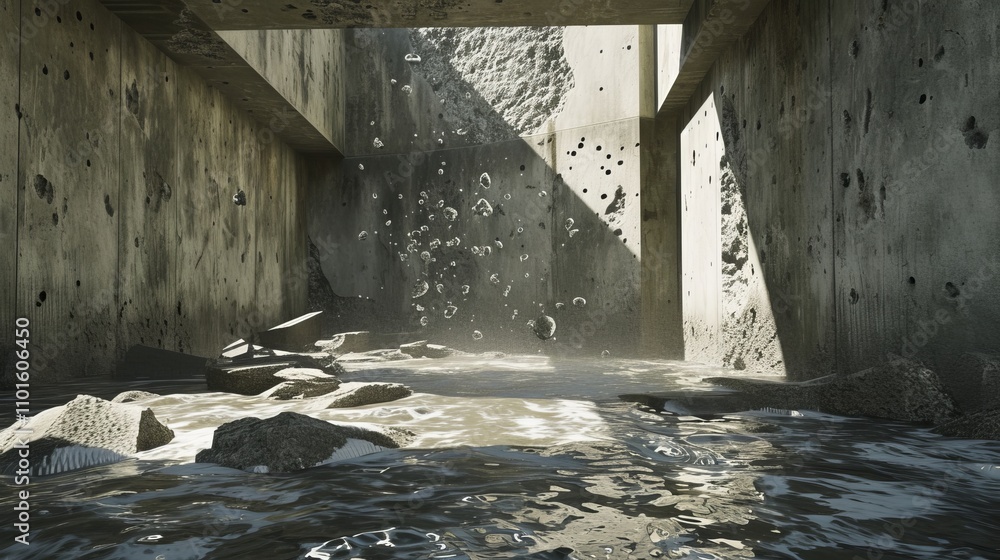 Poster bubbling water flows through an old concrete structure, creating a dynamic and industrial scene. the