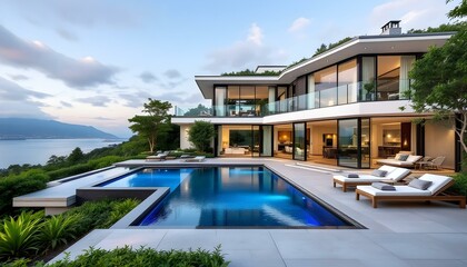 Fototapeta premium Contemporary Villa with Outdoor Pool and Warm Sunset Glow