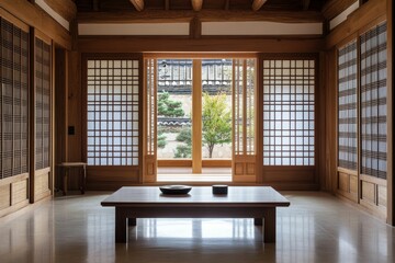 Serene wooden room, sliding doors, tranquil garden view.