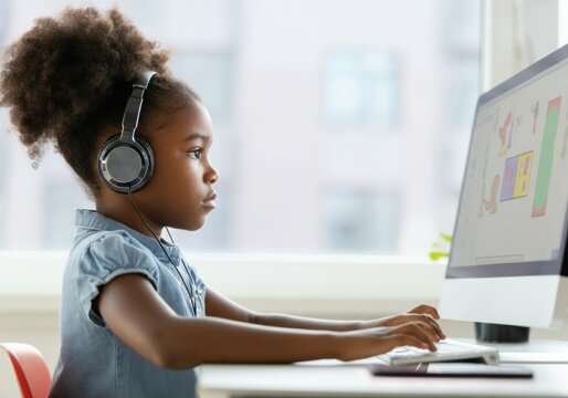 Focused young student wearing headphones using computer for online education in modern classroom
