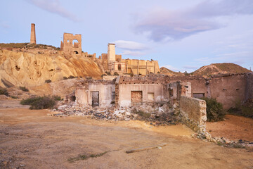 ruins of the Mazarron mining complex in Murcia at sunset. Spain