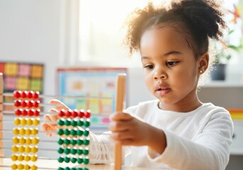 Young student manipulating abacus beads, developing early math skills in a bright classroom setting