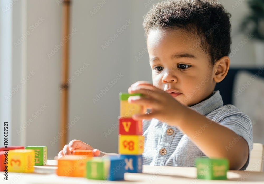 Poster focused toddler carefully stacking colorful alphabet blocks, developing fine motor skills and cognit