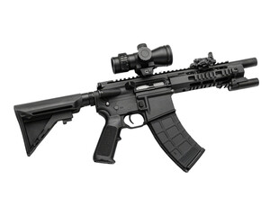 black tactical rifle with scope and magazine, showcasing modern design and features. Ideal for military or law enforcement contexts
