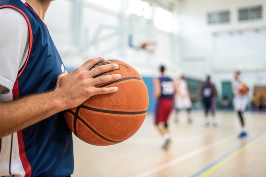 A basketball player stands with the ball in hand, observing teammates practice shooting in a gym. The setting is lively with players engaged in various drills, demonstrating teamwork and skill develop