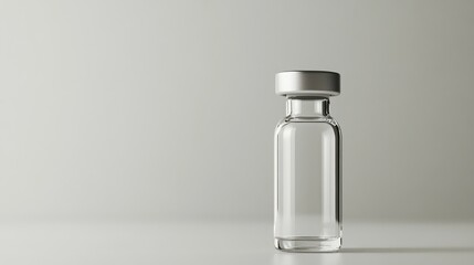 Clear glass vial with a silver cap positioned on a white surface, showcasing a close-up view and space for text, featuring a placeholder label design.