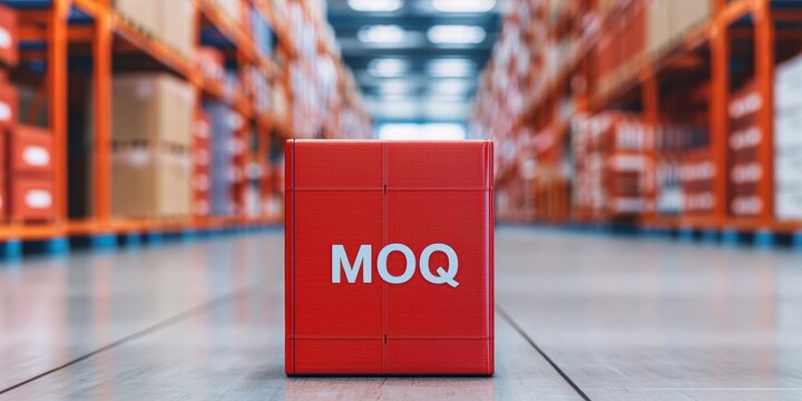 Action of product procurement with moq sign in warehouse business environment low angle view supply chain management