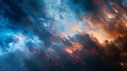 A dramatic sky showcasing a blend of dark storm clouds and bright orange hues, illuminated by lightning.