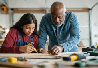 Fototapeta premium Senior carpenter teaching his granddaughter basic woodworking skills in a home workshop