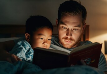 Father and son bonding over a bedtime story in the dim light of their bedroom