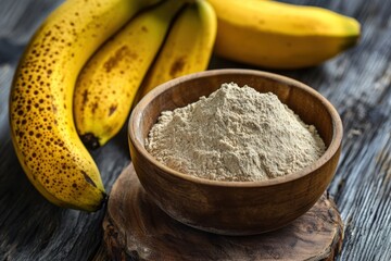Banana Flour: Asian Alternative for Baking. Bowl of Vibrant Banana Flour on Wooden Background