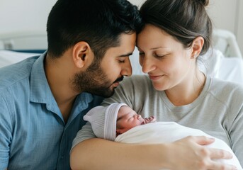 Fototapeta premium Mother holding her newborn baby, sharing a tender moment with her partner in the hospital room
