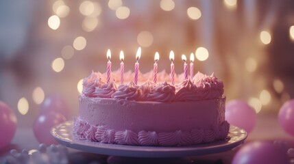 Pink birthday cake with delicate frosting and candles glowing on top, surrounded by a soft bokeh of luminous lights and pastel decorations.