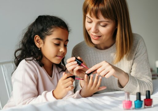 Mother and daughter bonding while painting nails at home, enjoying a relaxing beauty moment together