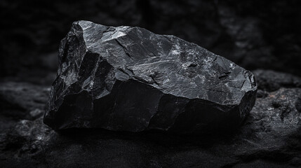 Fototapeta premium Dark, rough stone resting on textured surface in natural light at a quarry